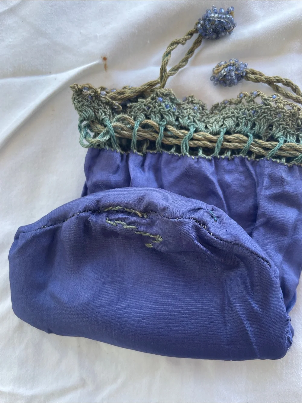 Antique Early 1900s Hand Beaded Crochet Reticule Purse Silk Lined
